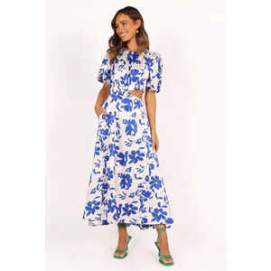 Petal And Pup Amina Puff Sleeve Dress Cut Out Waist Blue White Floral Size XS